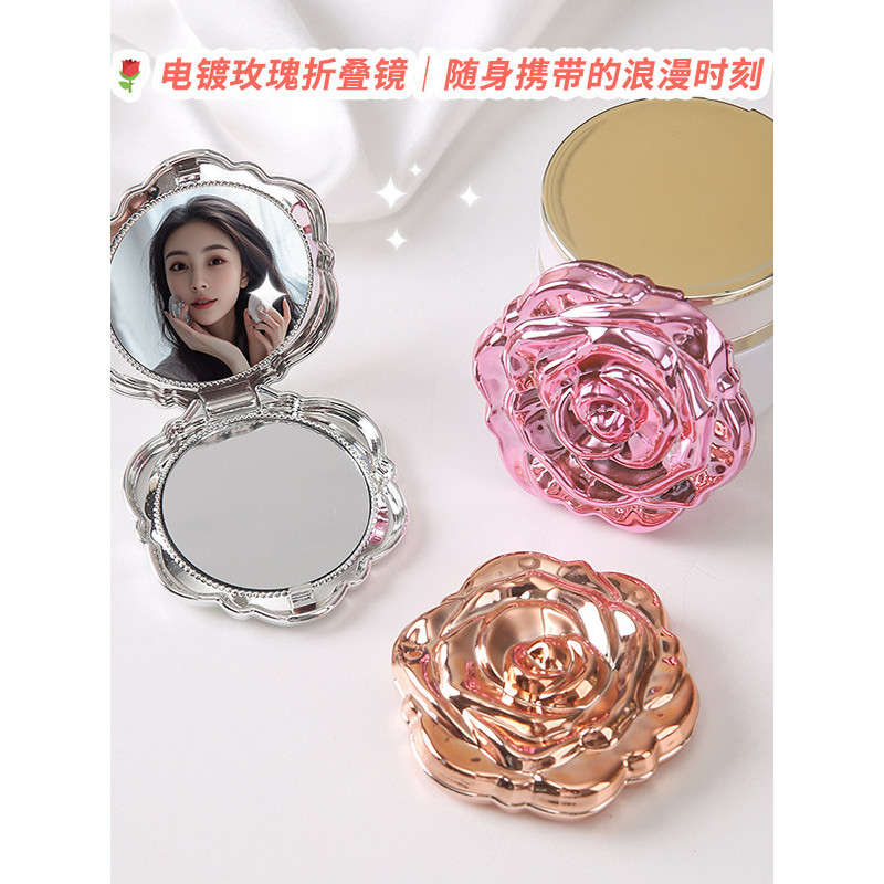 gương mini gương cầm tay Hoa Hồng Gương Trang Điểm ins Phong Cách Di Động Kết Hợp Lật Cầm Tay Gương 