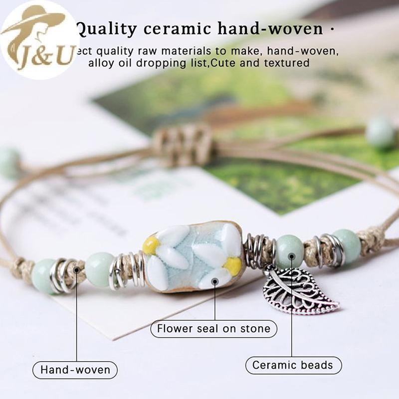 Vòng tay gốm boho lá hướng dương, phù hợp mọi kích cỡ, style vintage dân tộc - Quà tặng Việt Nam