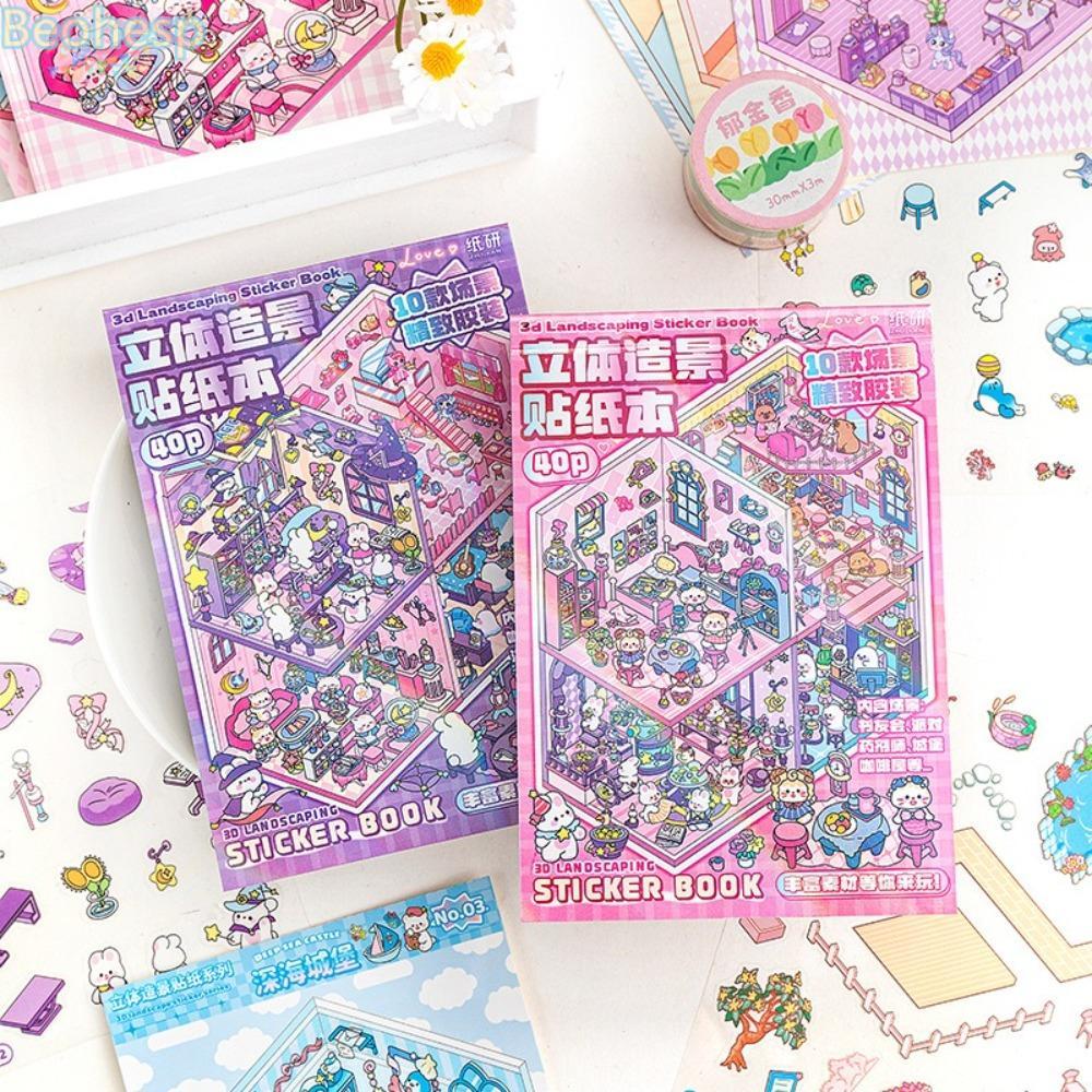 BEOHESP Cabin Scene Pocket Sticker, PET Miniature House Phong Cảnh Sticker Book, DIY Cartoon Sticker