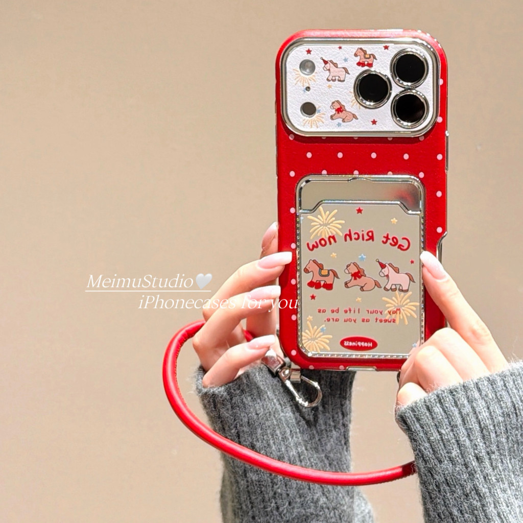 Meimu Năm Mới ins Màu Đỏ Chấm Bi Pony Hộp Đựng Thẻ Thích Hợp Cho Apple 17pro Vỏ Điện Thoại iphone16p