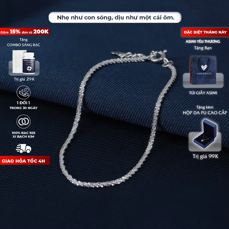 [Loại dày] Lắc chân bạc nữ xù lấp lánh Asimi, lắc chân bạc Ý 925 dây xù phong cách Hàn Quốc Ruffled Rope LC01