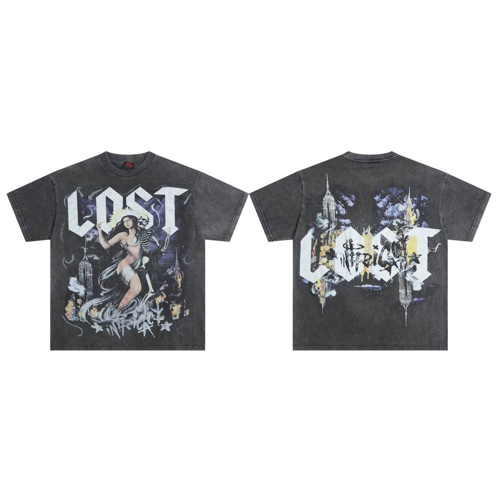 N8WS Lost intricacy Afterlife T-Shirt Vintage Print Rhinestone Embellished Casual Loose Short Sleeve