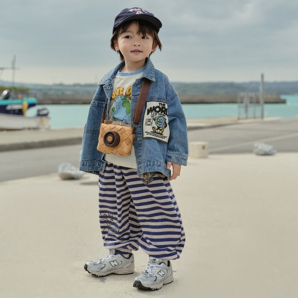 Theioioio Quần dài bé trai bé gái 100% Cotton họa tiết kẻ sọc thêu gấu phi công phong cách Retro 2-6