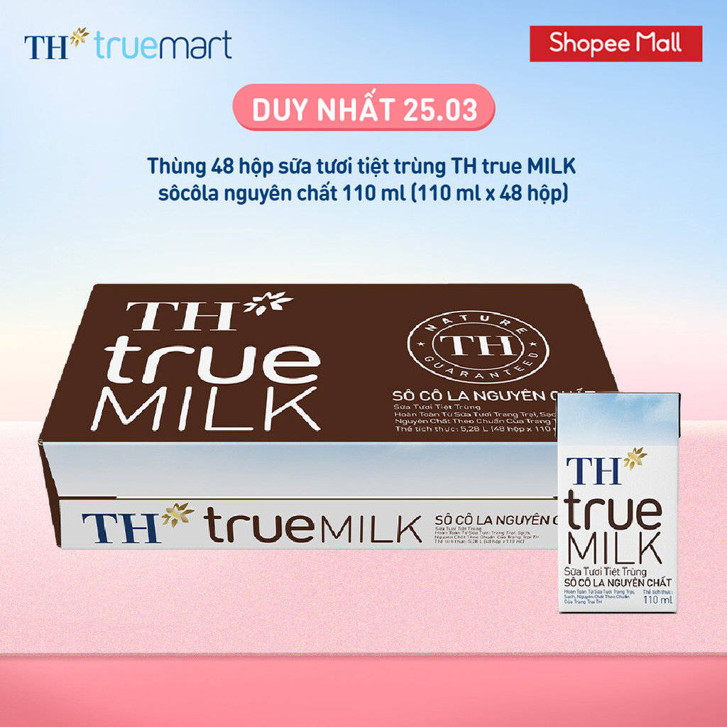Thùng 48 hộp sữa tươi tiệt trùng TH true MILK sôcôla nguyên chất 110 ml (110 ml x 48)