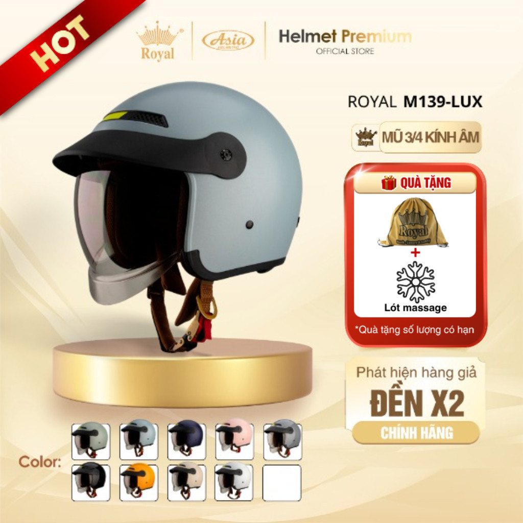 Mũ Bảo Hiểm 3/4 Royal M139 LUX Lưỡi Trai, Nón Bảo Hiểm Kính Âm Màu Trà Chống Nắng Bảo Hành 1 Năm