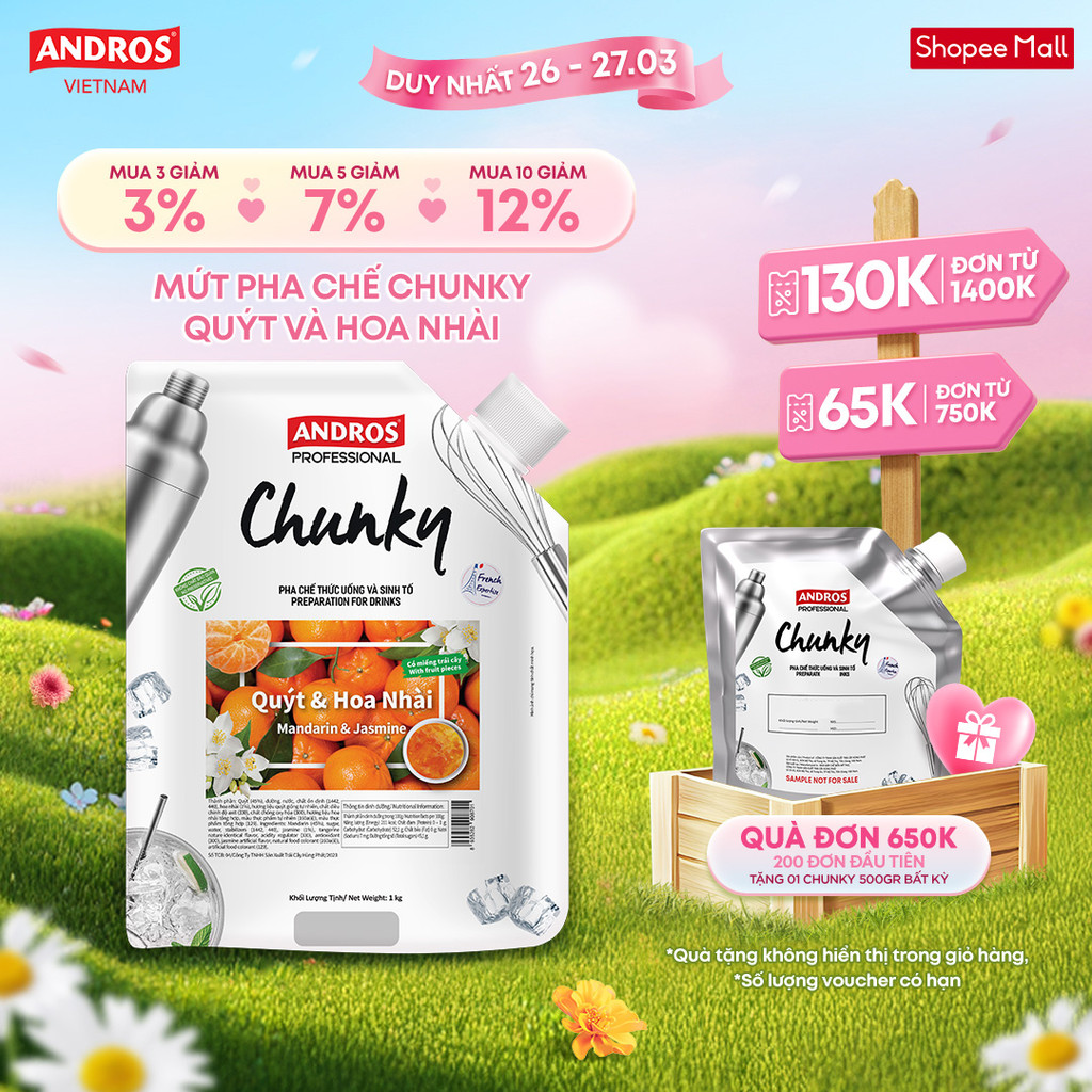 Mứt Pha Chế Quýt & Hoa Nhài - Có miếng trái cây thật - Nguyên liệu pha chế - ANDROS CHUNKY - 1kg
