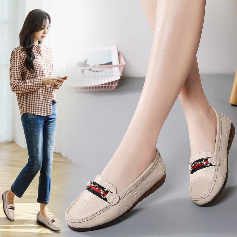YD5 ♚Loverjojo Nữ Khóa Kim Loại Thường Ngày Cho Nữ Da Thật Flat Work Giày Moccasin Nữ Slip _ on Shoe