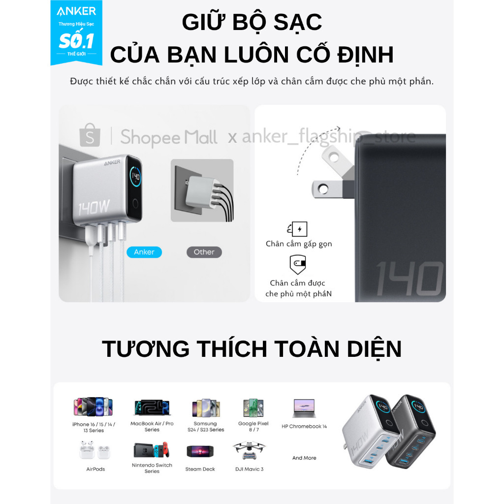 [ANKER] Bộ sạc nhanh Anker ZoLo 140W (4 cổng, GaN) sạc được cho laptop- 3 USB-C PD & 1 USB-A sạc 4 thiết bị - B2697 | BigBuy360 - bigbuy360.vn