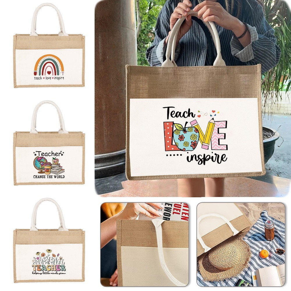 Big Jute Tote bag Shopping Grocery Bag with Handle Eco Bag Sling Bag Large Capacity Teacher's Day Gi
