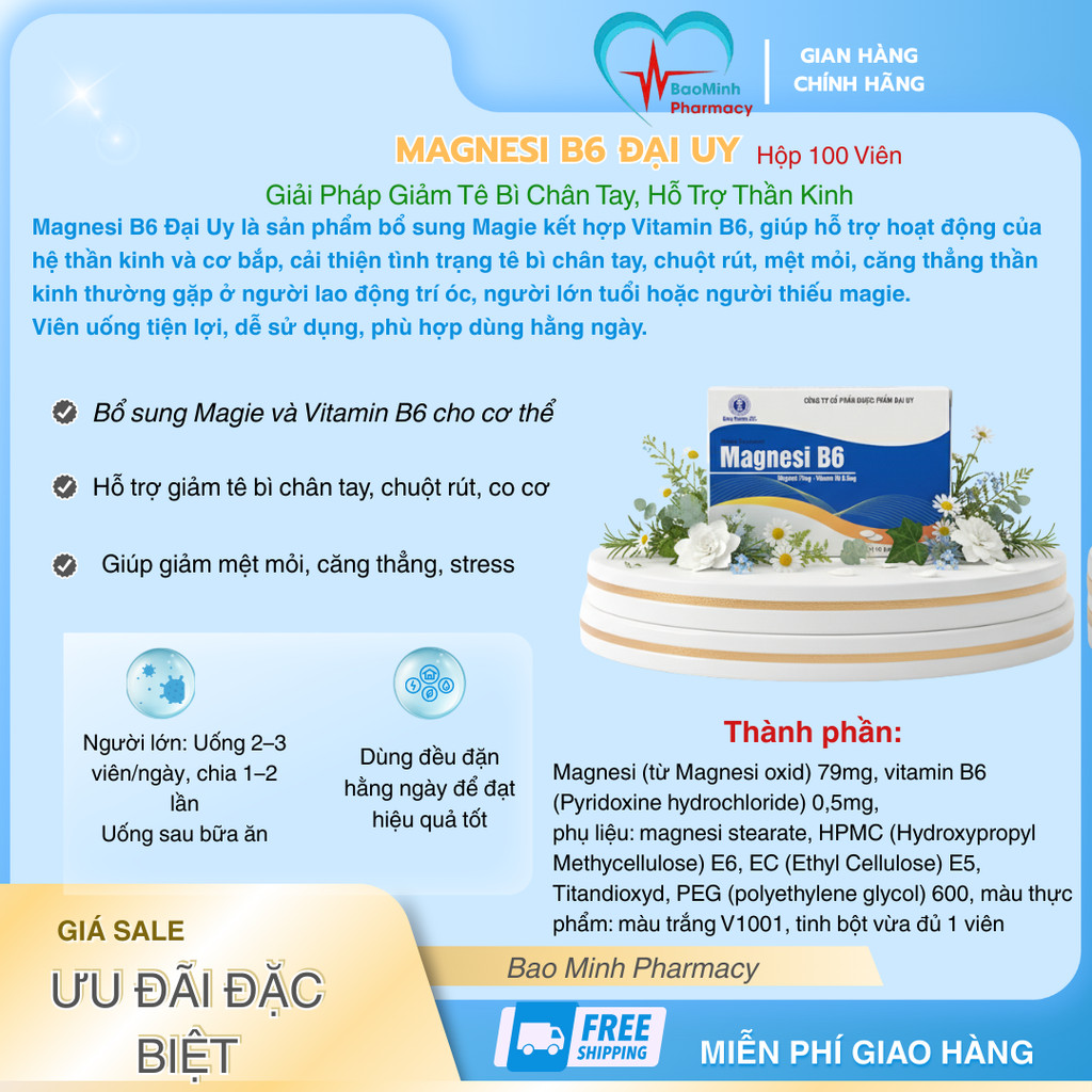 Magnesi B6 Đại Uy – Bổ Sung Magie & Vitamin B6 – Giảm Tê Bì Chân Tay, Hỗ Trợ Thần Kinh | Hộp 100 Viê