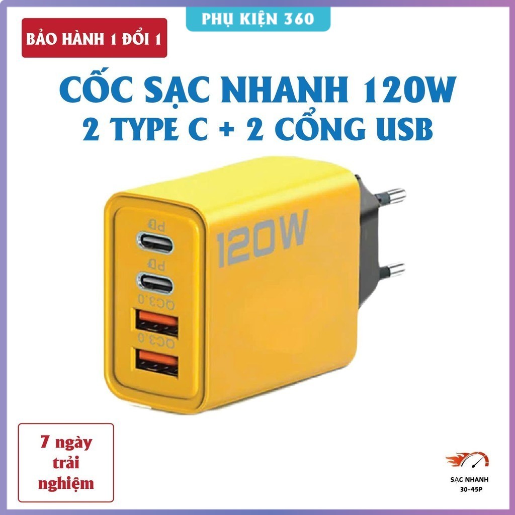 Bộ sạc 120W 4 cổng gồm: 2 cổng Type C + 2 cổng USB – Cốc sạc nhanh 4 đầu, Củ sạc 120W, Củ sạc 120W ,