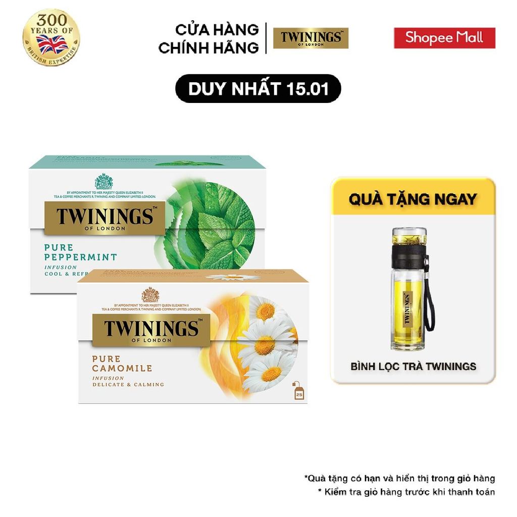 Combo 2 Trà Túi Lọc Hoa Cúc Twinings - Hộp 25 Gói 1G và Trà Túi Lọc Bạc Hà Twinings - Hộp 25 Gói 2G