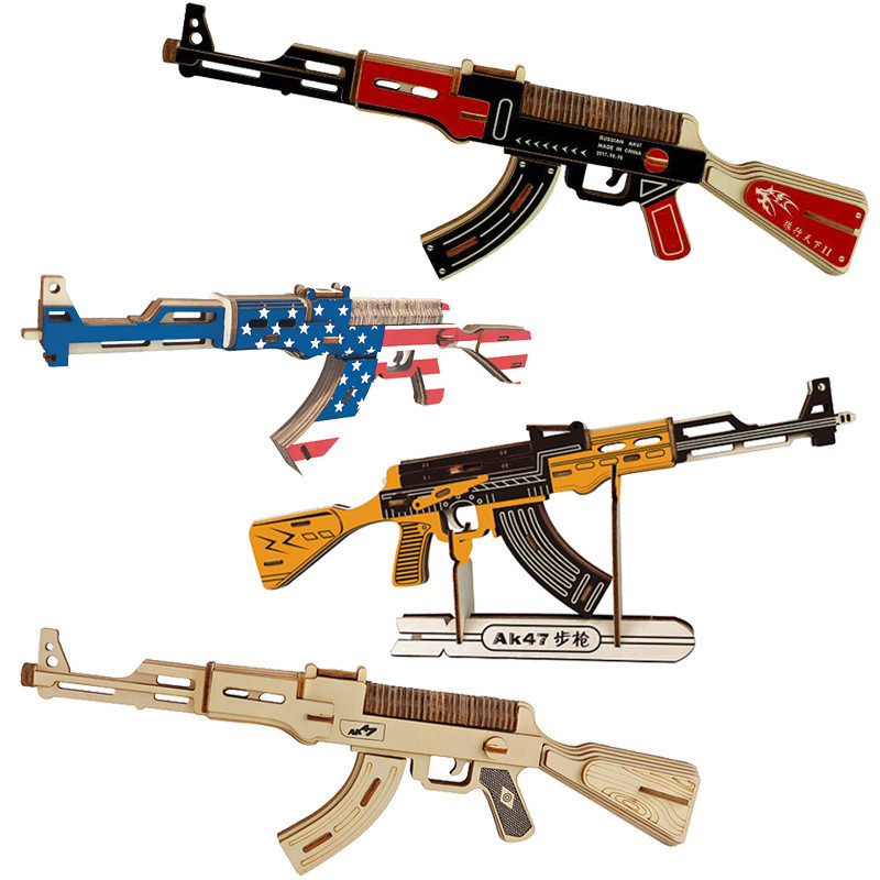 Giáo Dục Handmade Tự Làm Bằng Gỗ Xếp Hình AK47 Súng Tiểu Liên Bằng Gỗ 3D Ba Chiều Trẻ Em Lắp Ráp Mô 