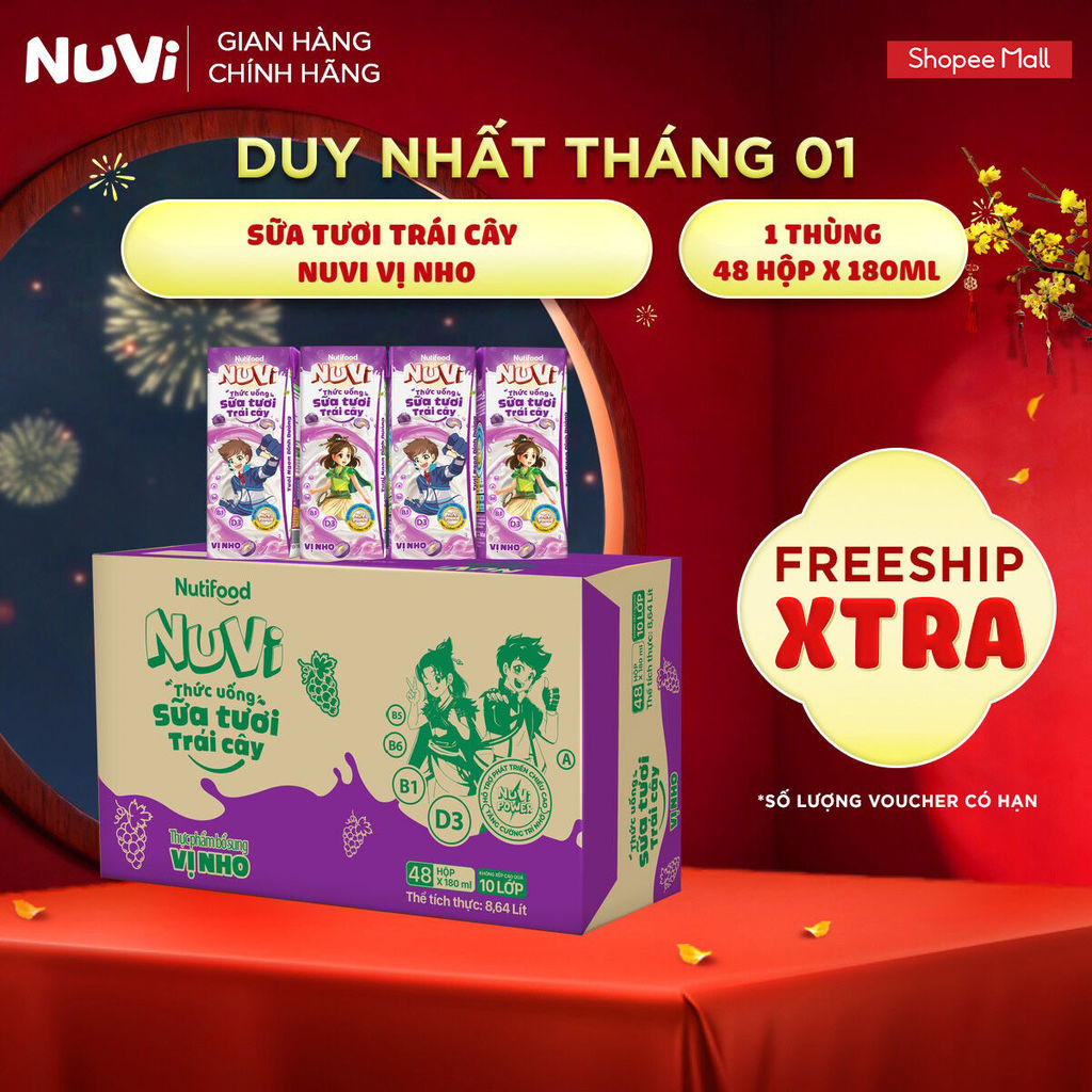Thùng 48 Hộp Thức Uống Sữa Tươi Trái Cây NuVi Vị Nho 180ml
