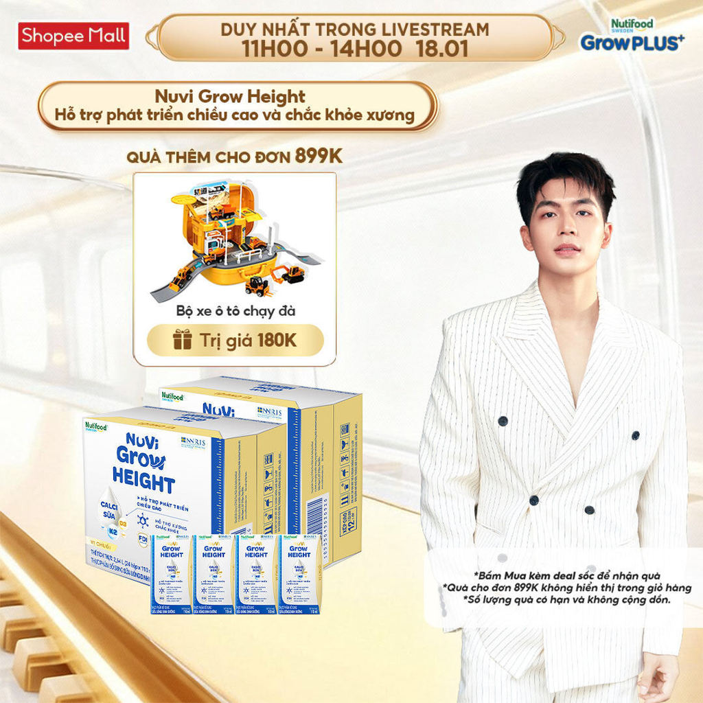 Combo 2 Thùng 24 hộp SBPS Nuvi Grow Height vị chuối 1+ hỗ trợ phát triển chiều cao hộp 110ml