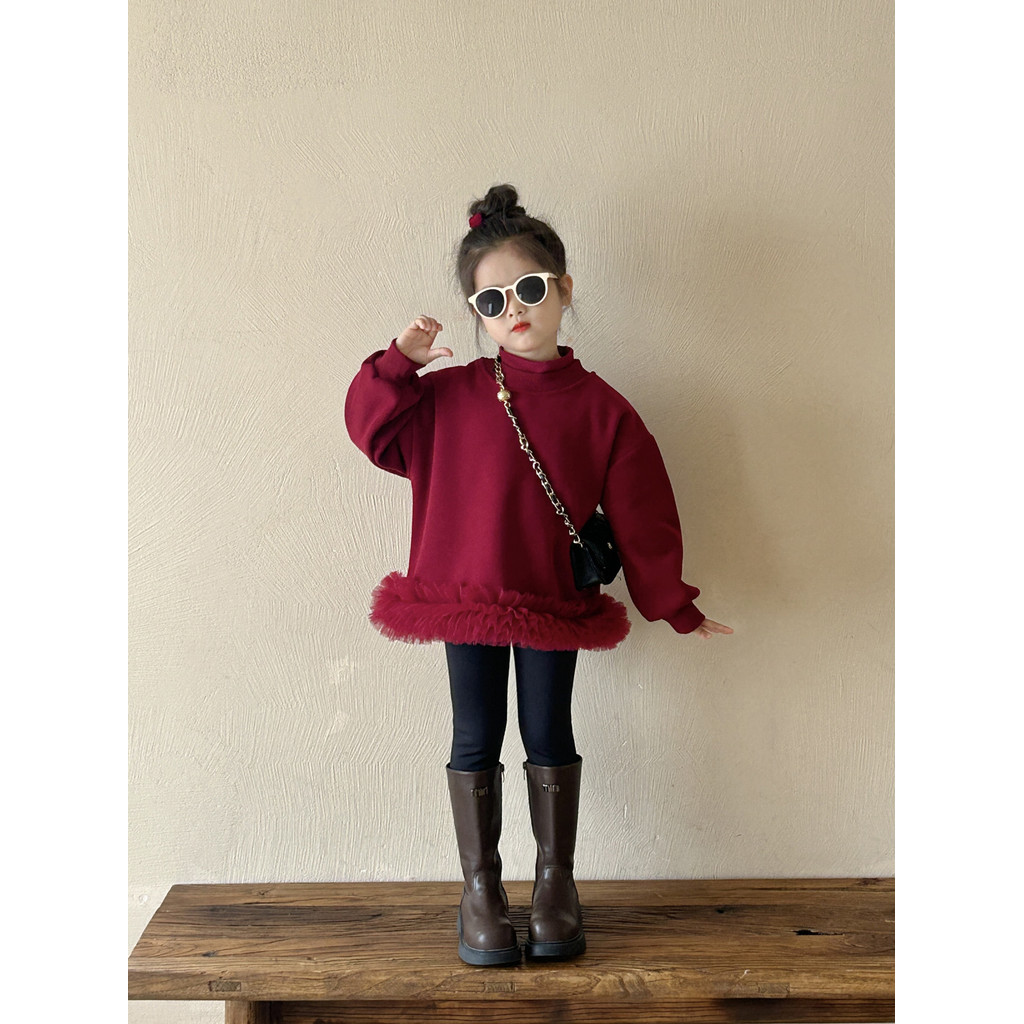 Trẻ Em Phiên Bản Hàn Quốc Áo Thu Đông Phong Cách Mới Trung Nhỏ Trẻ Em Bé Gạc Ren Lông Cừu Lót Áo Đầm