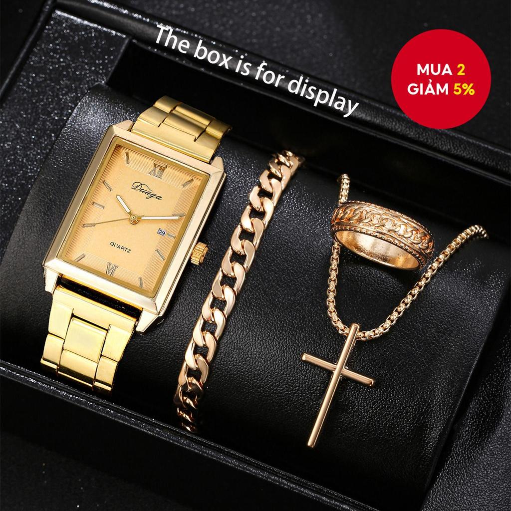 Bộ trang sức đồng hồ thạch anh mặt số hình chữ nhật cổ điển dành cho nam với vòng đeo tay dây chuyền Chunky hợp thời trang Mặt dây chuyền và nhẫn