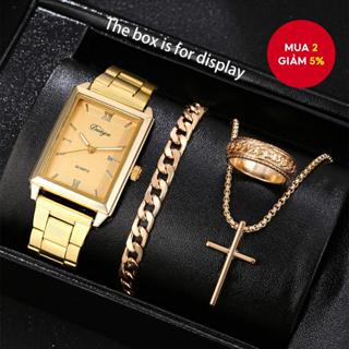 Bộ trang sức đồng hồ thạch anh mặt số hình chữ nhật cổ điển dành cho nam với vòng đeo tay dây chuyền Chunky hợp thời trang Mặt dây chuyền và nhẫn