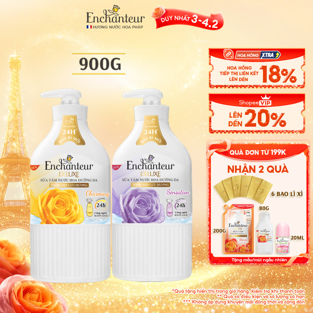 [CẢI TIẾN MỚI] Sữa tắm hương nước hoa Pháp Enchanteur Deluxe 900g - Mềm mịn như lụa Lưu hương 24H