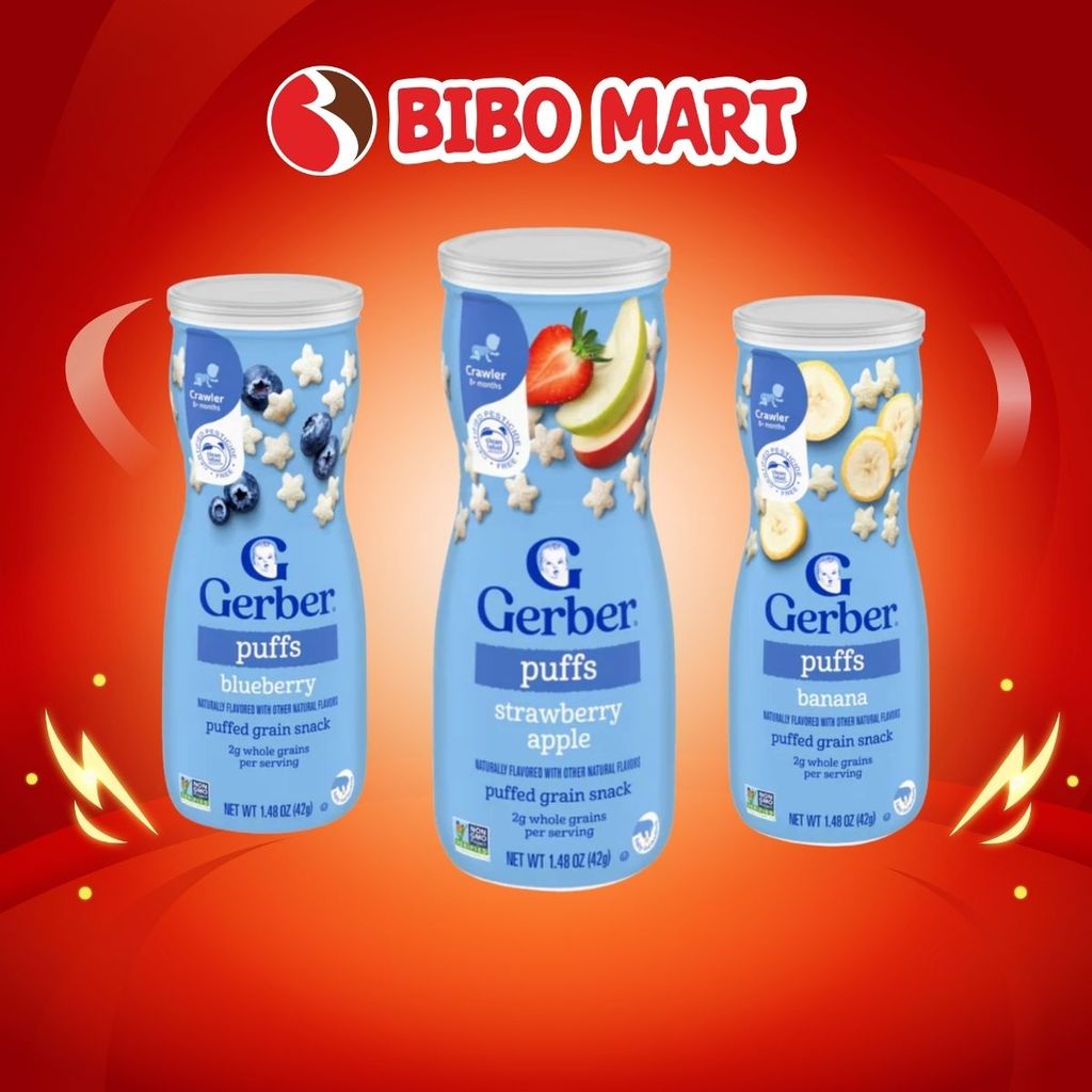 Bánh Ăn Dặm Gerber Puffs Vị Hoa Quả Việt Quất Dâu Táo Chuối Hỗ Trợ Phát Triển Toàn Diện Cho Bé Trên 8 Tháng Tuổi - Bibom