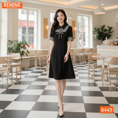 Đầm thiết kế BEMINE cổ đức phối caro dáng chữ A phù hợp đi làm-B443