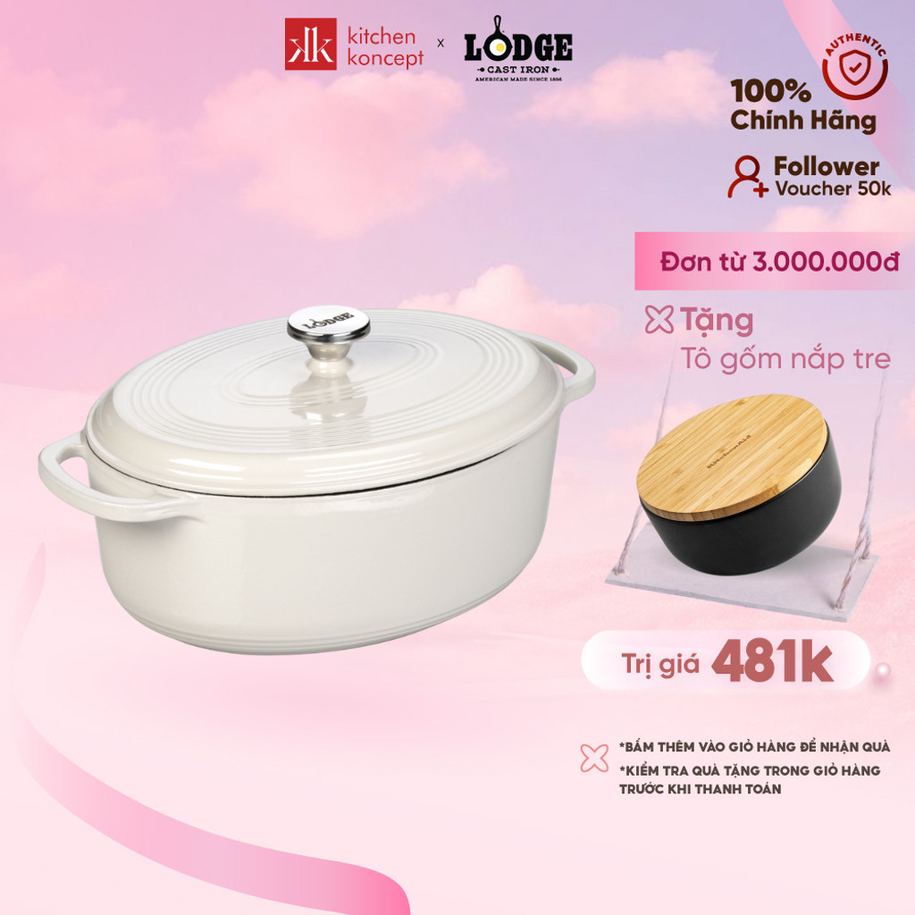 Nồi gang oval phủ men Lodge - Màu trắng 6.6L