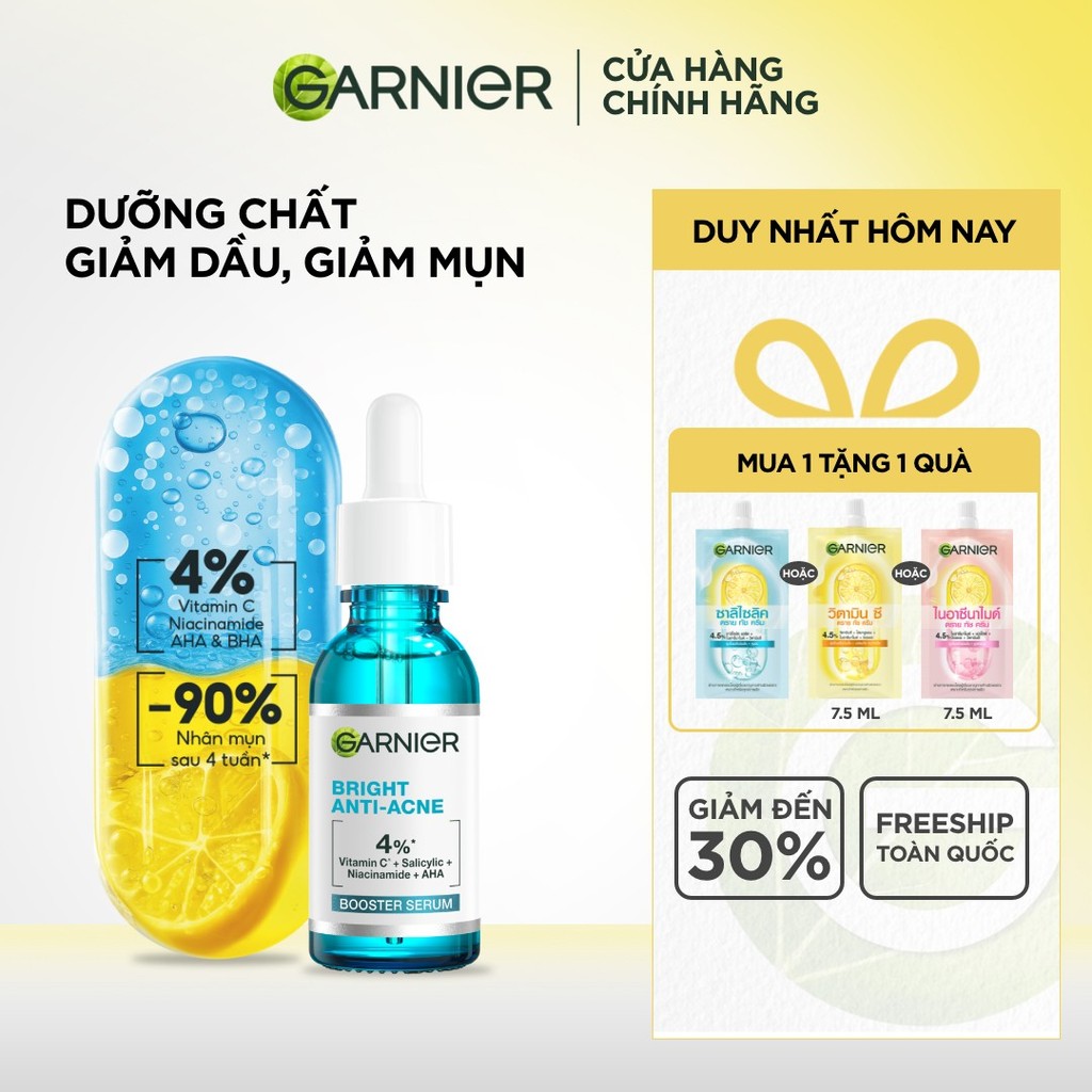 Dưỡng chất cho da dầu mụn Garnier Bright Complete Anti-Acnes Booster Serum 4% [Niacinamide, BHA, AHA
