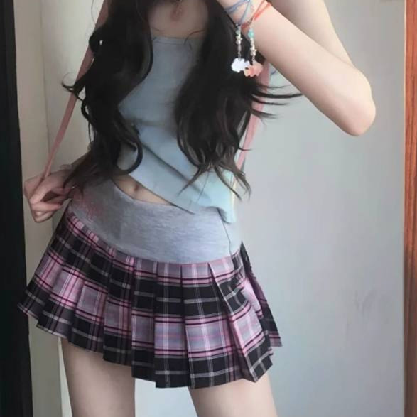 Small American Style Plaid Skirt Summer New College Style Stitching Skirt Embroidered Pleated Skirt 