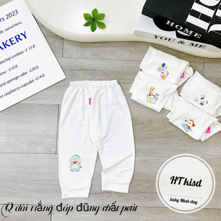 Quần Dài Chục Đáp Đũng Sơ Sinh Chất Petit MD Kids Mềm Mát Nền Trắng Trơn Hình Thú Cho Bé Sơ Sinh Bé Trai Bé Gái 3-13kg