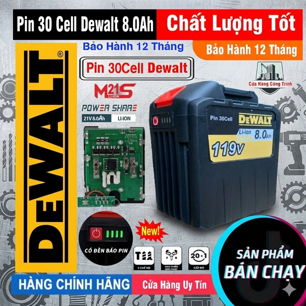 Pin Dewalt 119V, Pin đóng 30 cell New. Pin 30cell Dewalt chân pin 4cm