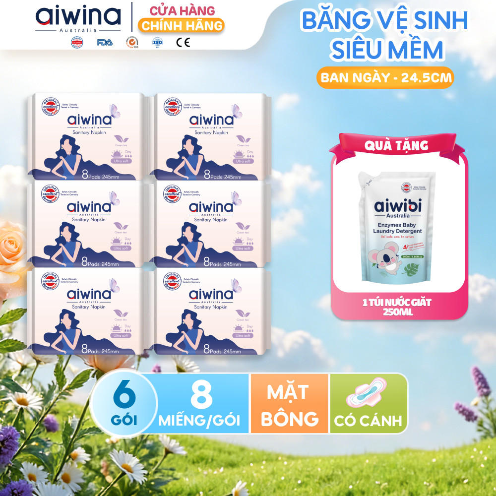 Combo 6 Băng vệ sinh Aiwina siêu mềm ban ngày 24.5cm gói 8 miếng