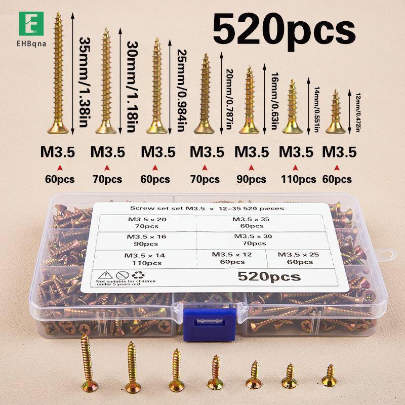 [EHB-t] 520 Cái M3.5 Đầu chìm Bộ vít tự khai thác Bộ vít mạ kẽm màu sắc để chế biến gỗ Trang trí nhà