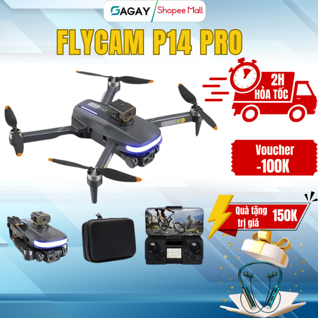 Flycam Mini P14 PRO Động Cơ Không Chổi Than Camera Kép HD phù hợp cho người mới tập chơi bảo hành 12