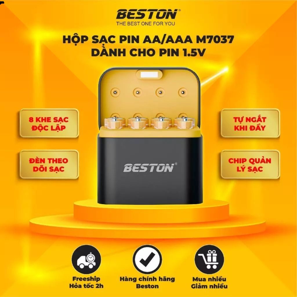 Hộp Sạc Pin BESTON M7036 M7037 – 8 Khe Sạc Pin AA/AAA Cổng USB Dng Cho Thiết Bị Điện Tử – Chính Hãng