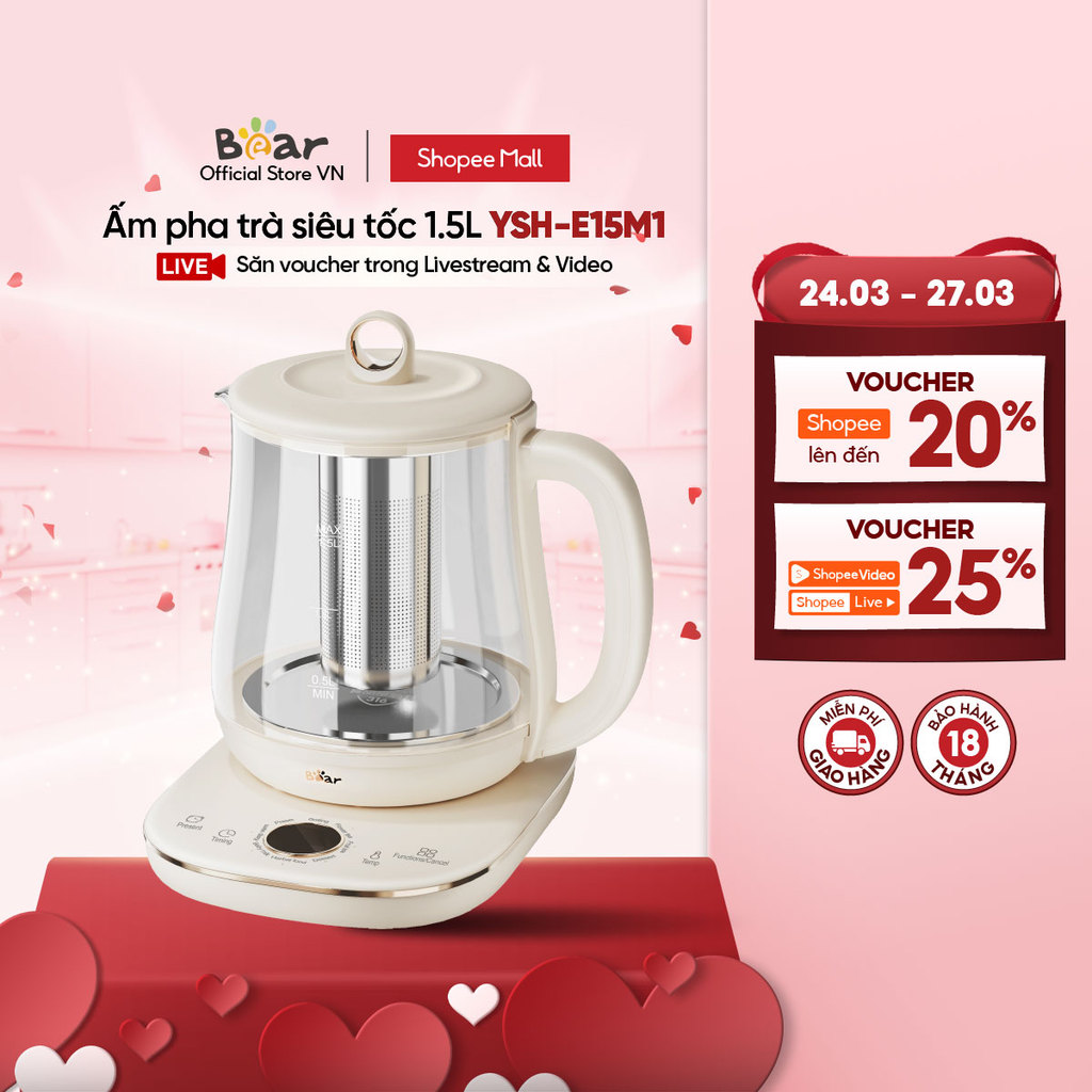 Ấm Đun Pha Trà 1.5L Siêu Tốc Bear YSH-E15M1 - Hàng Chính Hãng