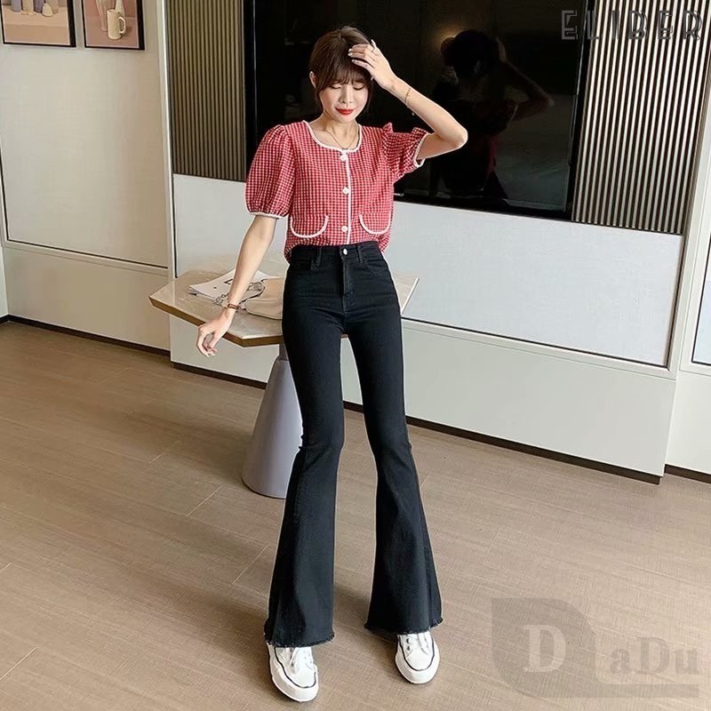 ELIBER Quần jean ống loe Seluar có sẵn cỡ lớn co giãn, quần ống loe mới, quần nữ quần cạp cao cho nữ