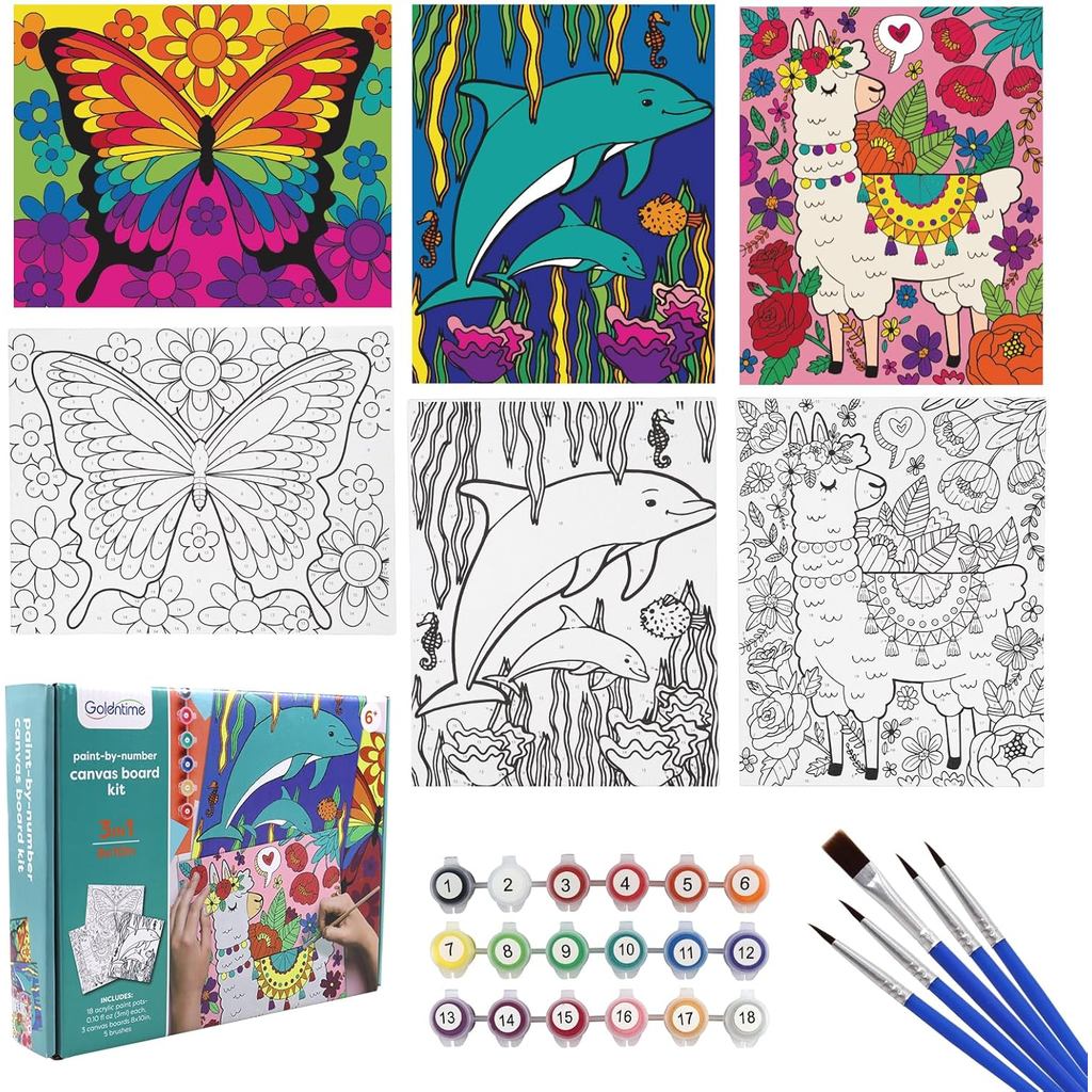 Goldentime 3 Gói Kids Paint by Numbers Kit, Tranh Canvas Vẽ trước, Bao gồm vải có khung 8x10 inch vớ