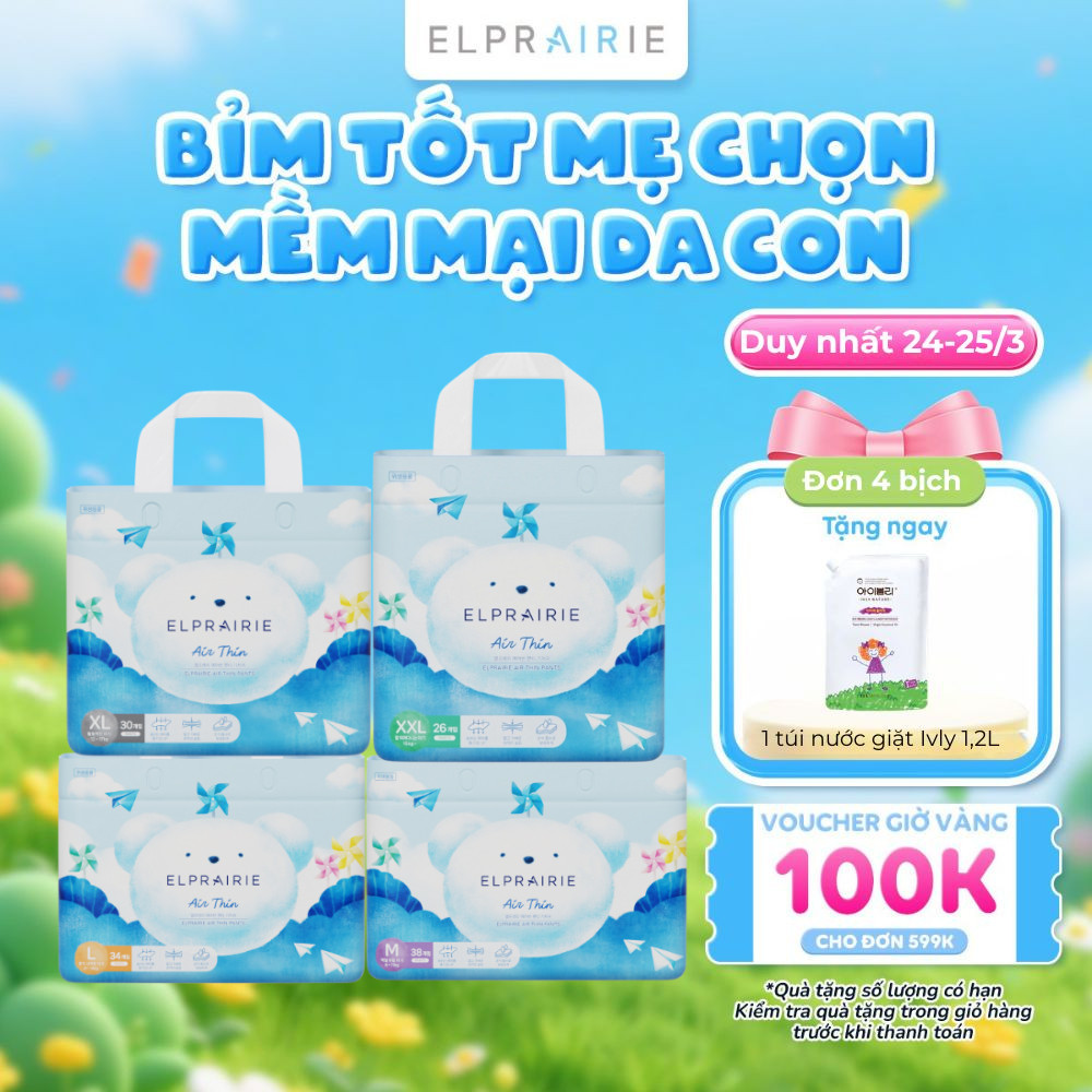 Combo 4 Tã/Bỉm Quần ELPRAIRIE Air Thin Nội Địa Hàn Siêu Mỏng Thấm Hút, Mềm Mại Chống Hăm Size L-XL-XXL Cho Bé Từ 9-25Kg