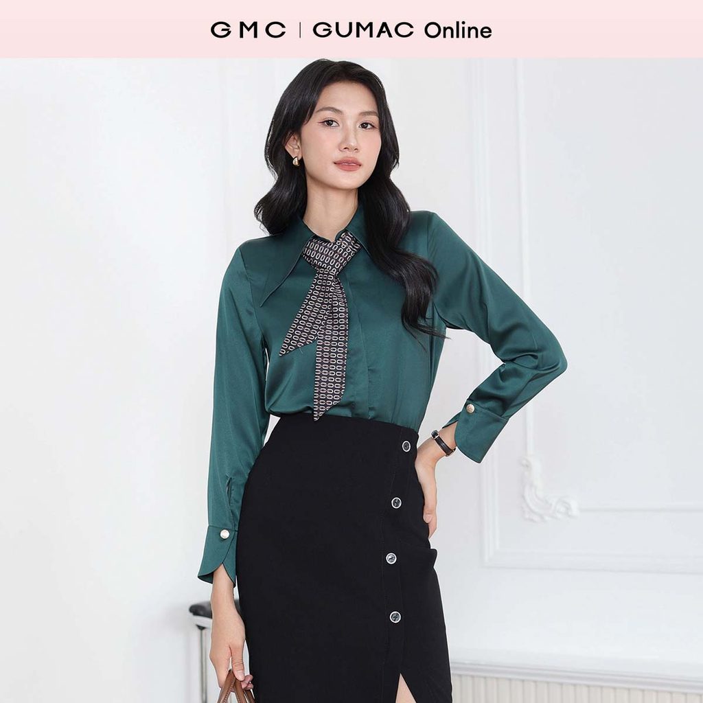 Áo sơ mi nữ công sở cổ kiểu dài nhọn nẹp giấu nút vải lụa mềm mát ít nhăn thời trang GUMAC AF04004