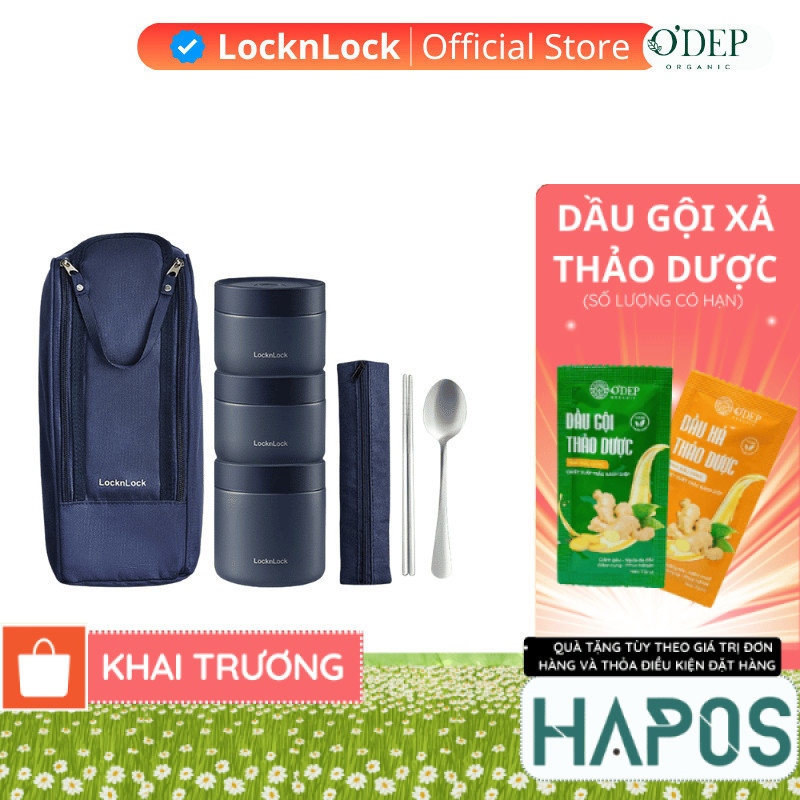 Hộp cơm giữ nhiệt văn phòng 1.1L LocknLock 3 ngăn LHC8052S01, kèm túi và muỗng đũa - HAPOS HEL