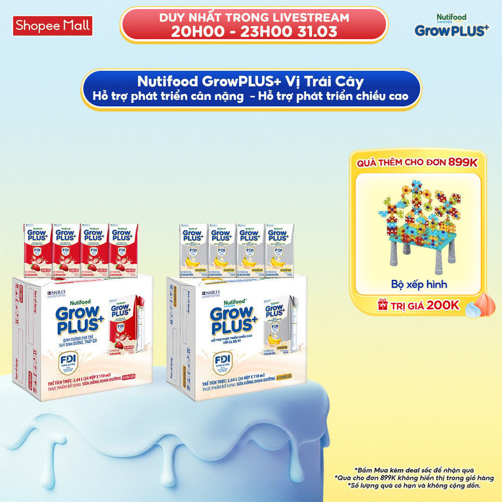 Combo 2 Thùng 24 hộp Sữa bột pha sẵn Nutifood Sweden GrowPLUS+ Vị Dâu 110ml & Vị Chuối 110ml