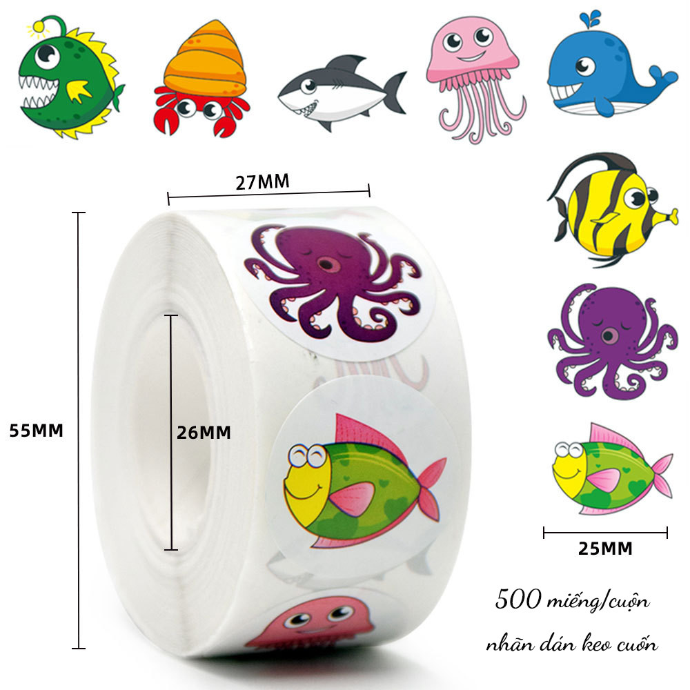 Roll of Cute Marine Animal Stickers – Reward Stickers for Children, Notebook Decoration, Gift Packag