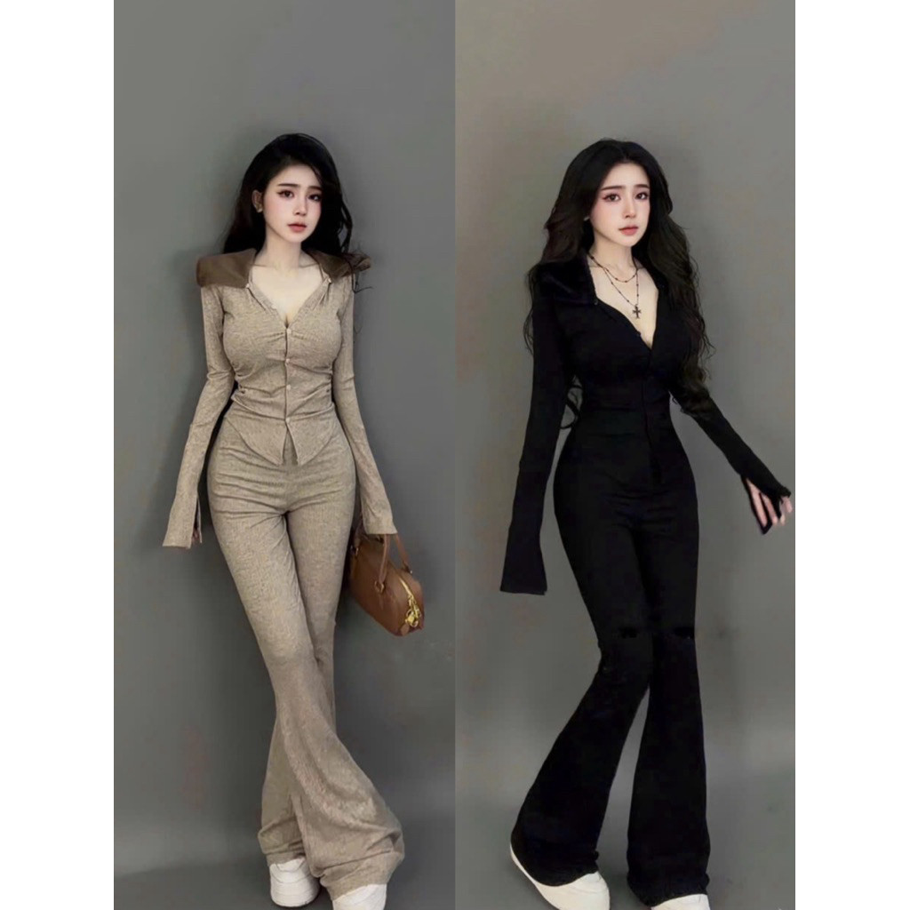 Set đồ nữ len tăm - Áo thiết kế kiểu cách + quần ống loe tôn dáng