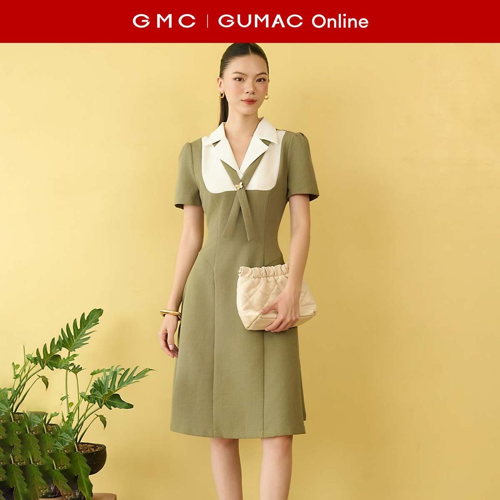 [MUA 2 GIẢM 25K] Đầm nữ form A xòe tay nhún phối cổ danton có dây cách điệu thời trang GUMAC DF10068