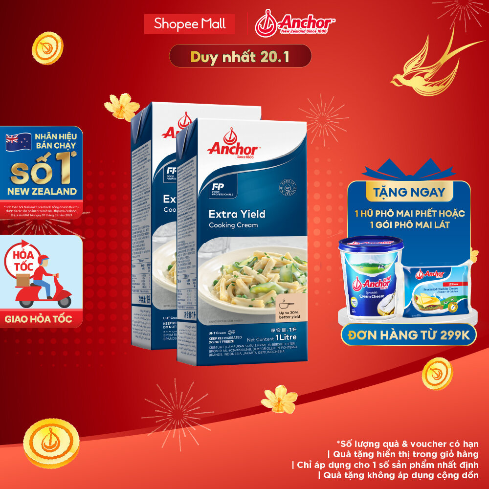 Combo 2 Kem sữa tươi tiệt trùng để nấu ăn Anchor Cooking cream hộp 1 lít