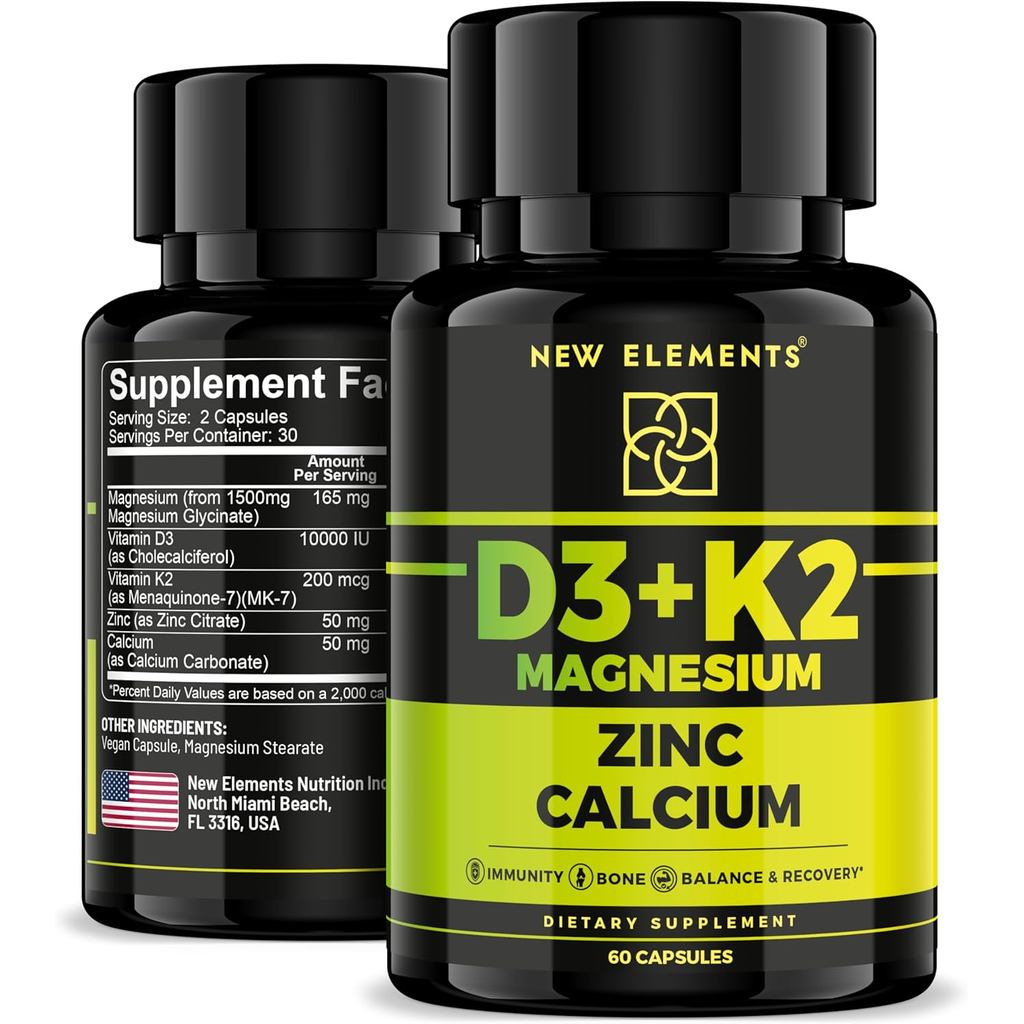 Vitamin D3 K2 với Magiê Glycinate + Kẽm & Canxi | Magiê 1500mg | D3 10.000 IU | K2 (MK7) 200mcg | Kẽ