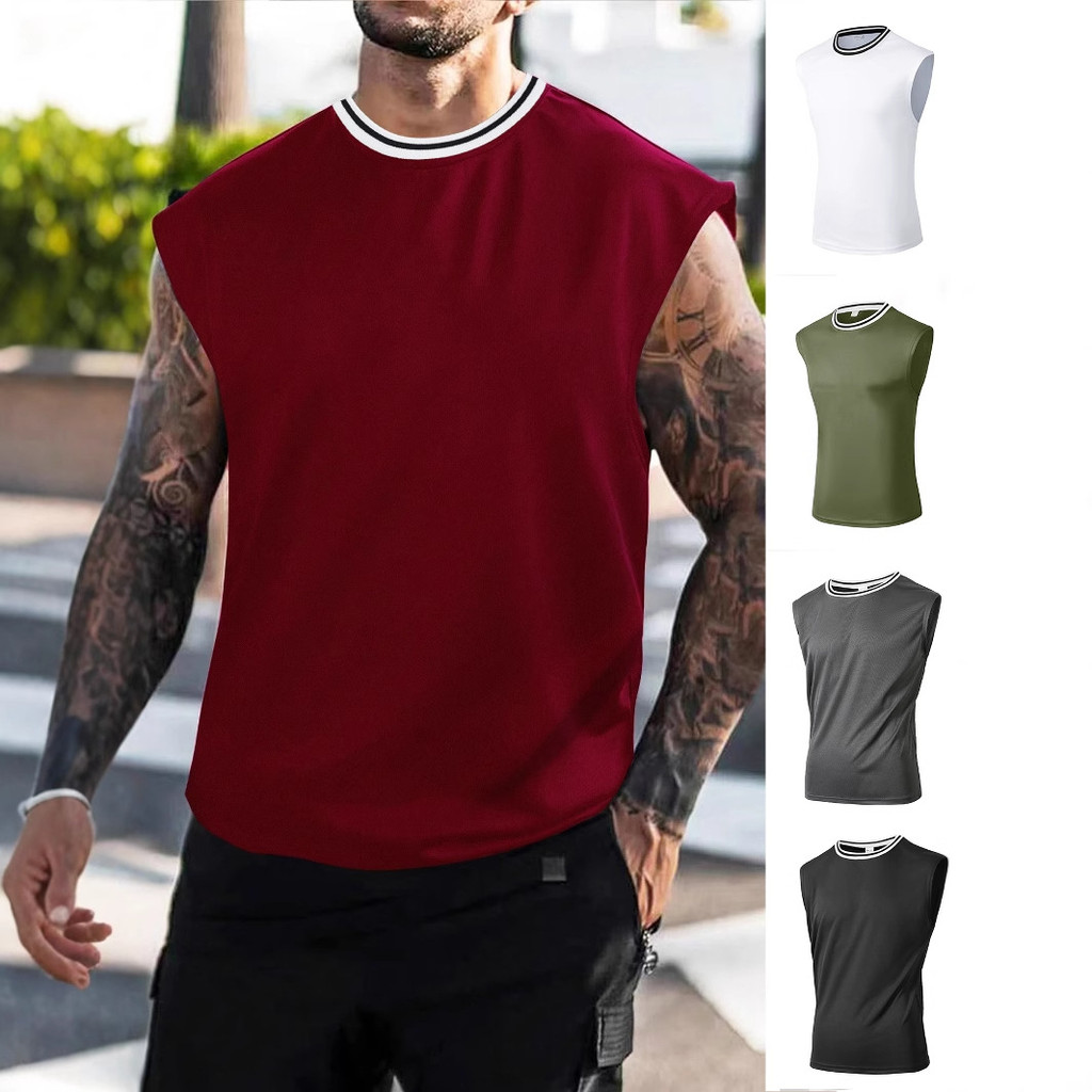 【Ready Stock】 Summer Knitted Vertical Bar Fitness Sports Casual Slim Vest Men's Sleeveless Wide Shou