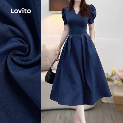 (thanh lịch) Lovito Váy Xếp Ly Đơn Giản Mùa Xuân/Hè Màu Navy Cho Phụ Nữ L155ED1159