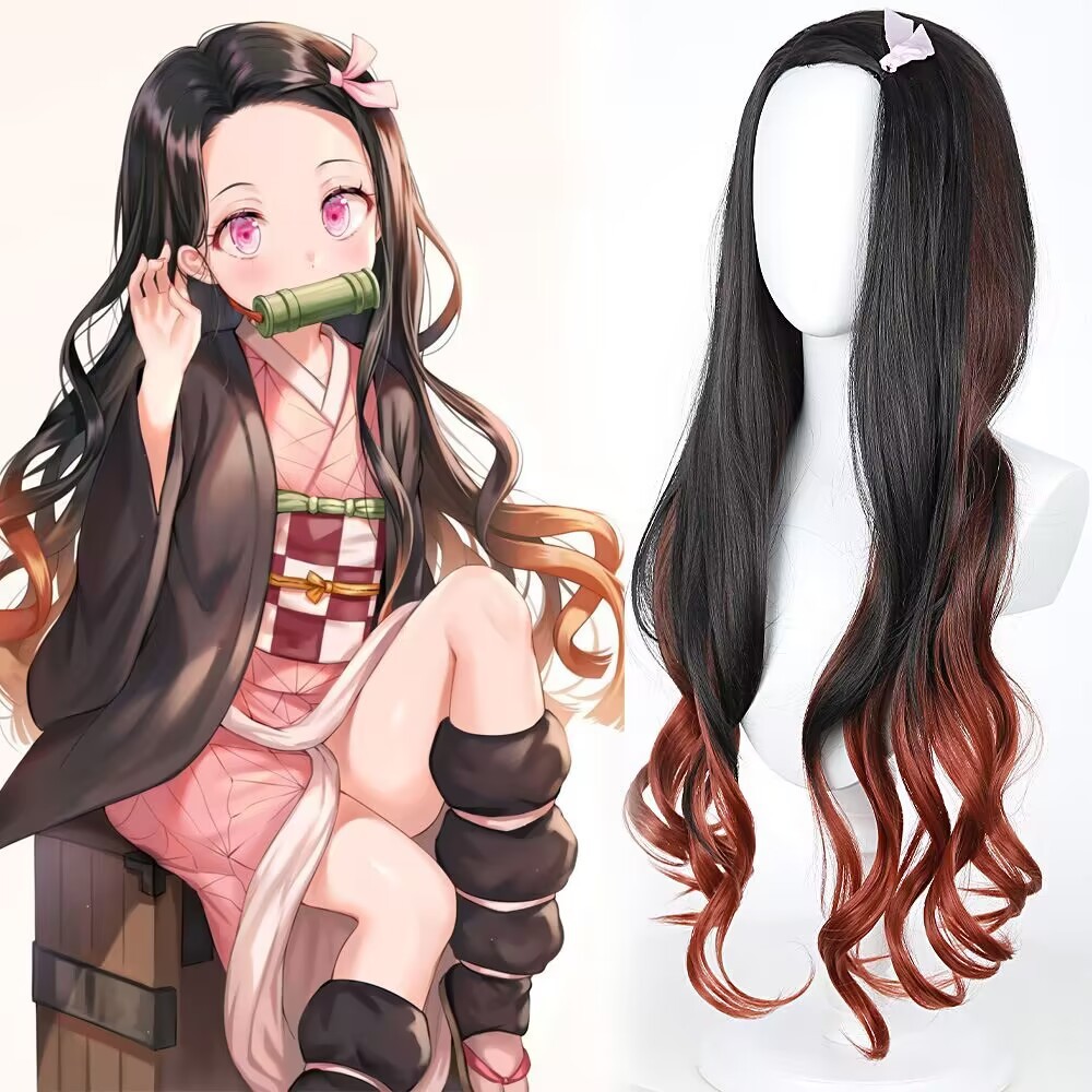 Kimetsu No Yaiba Stove Door Nezuko Wig Black Gradient Orange Long Curly Hair Color Matching Anime Co