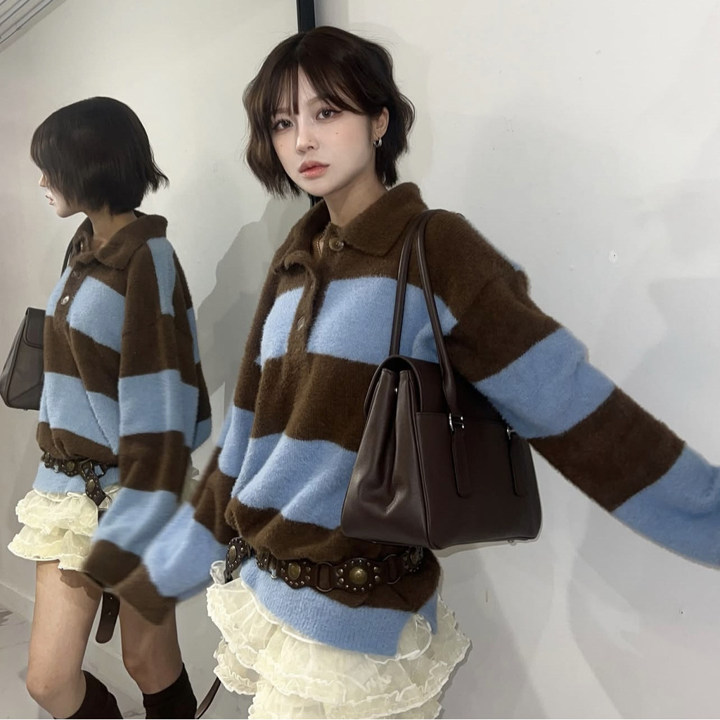 Lartigent Striped Knitwear POLO Casual Loose Collar Sweater JENNIE Same Style Lazy Style Knitted Swe